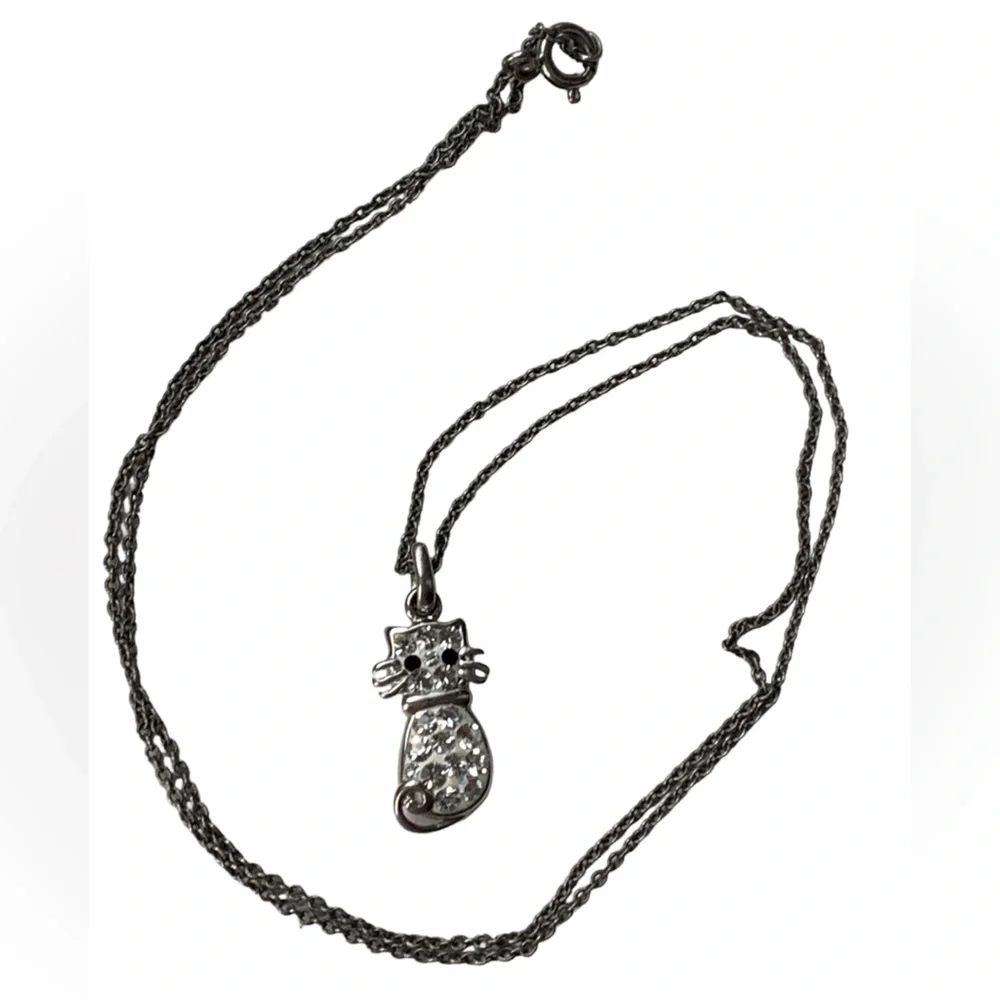 Mini Enamel & Crystal Silver Plated Kitty Cat Whiskers Necklace Kitten Woman’s - Picture 4 of 8